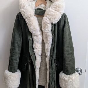 Olive Utility Jacket with Faux Fur Trim